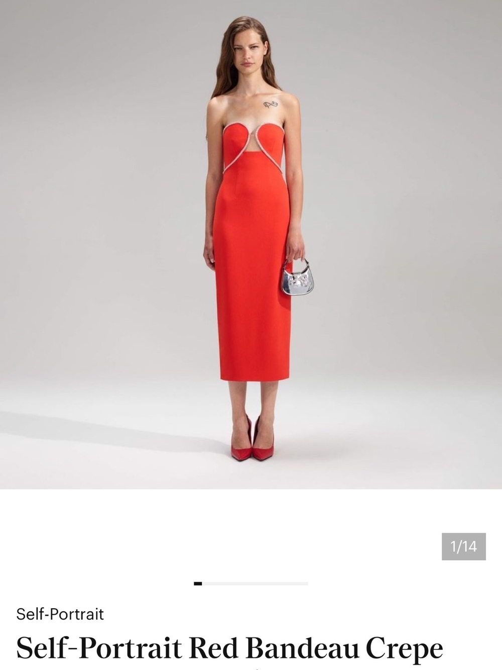 Self Portrait Like New Red Strapless Crepe Midi Dress with Crystal Trim